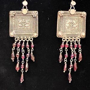 Ornate Large Sterling Silver & Garnet Beads Earrings - 2.75" -Hallmark India 925